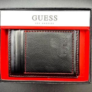 Guess Mens Leather Magnetic Money Clip Wallet Black with Red Stitching. NIBWT